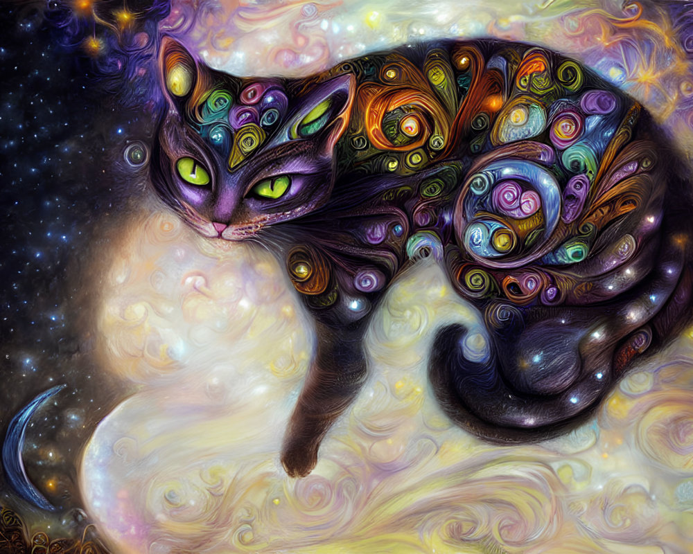 Vibrant digital painting of a patterned cat in cosmic setting