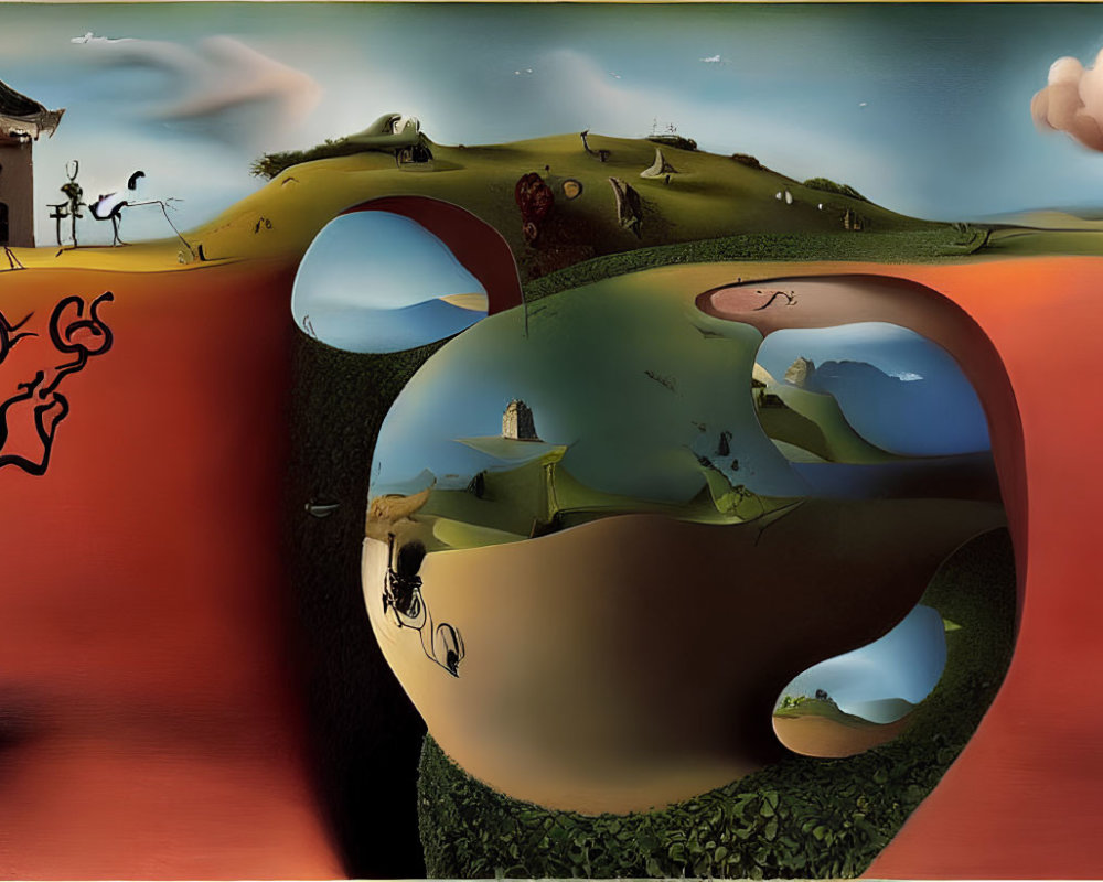 Surrealist landscape with distorted shapes, reflective surfaces, barren trees, and dramatic sky