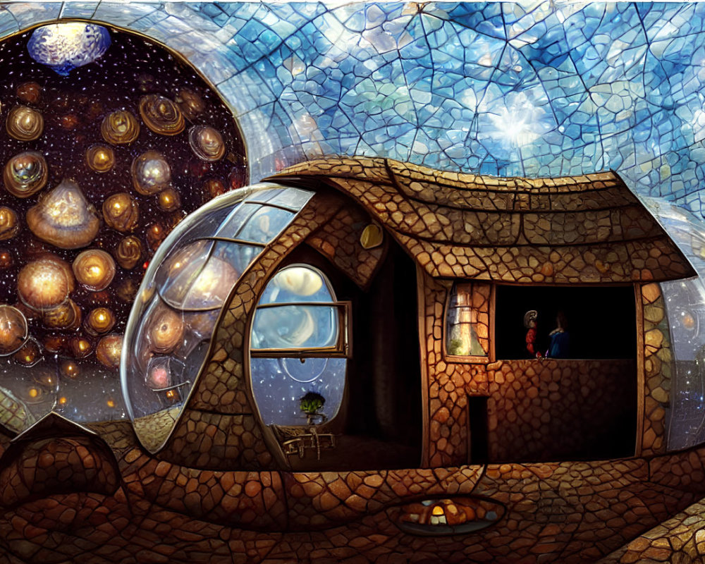 Stone facade whimsical cottage with stained glass-style cosmic bubble window