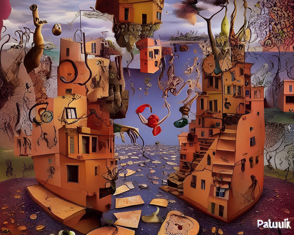 Whimsical surreal landscape with melting buildings and floating objects