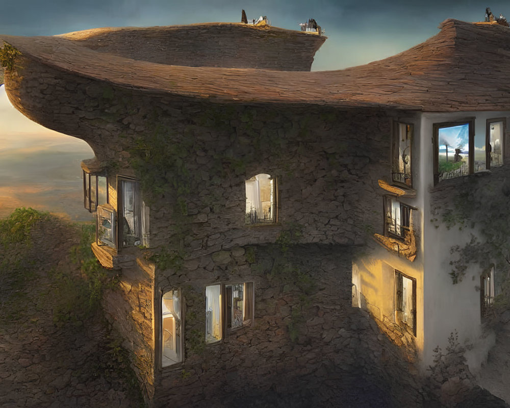 Surreal stone building with twisted structure and reflective windows in dusky sky