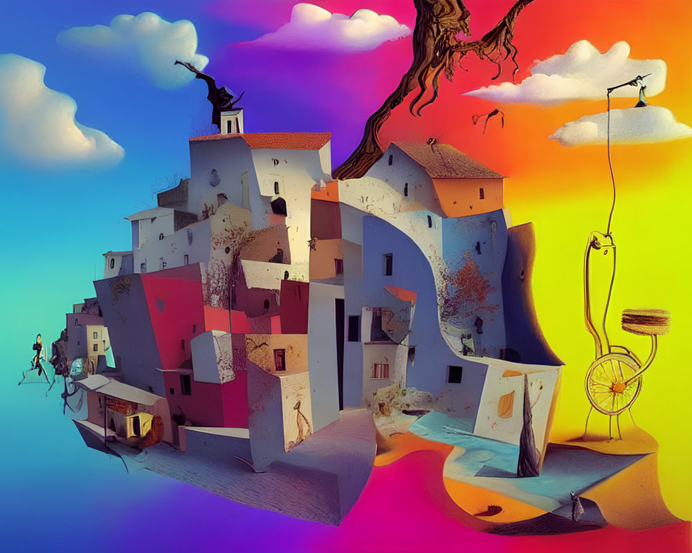 Colorful surreal artwork: twisted village, floating clouds, large tree, abstract elements like hanging bicycle