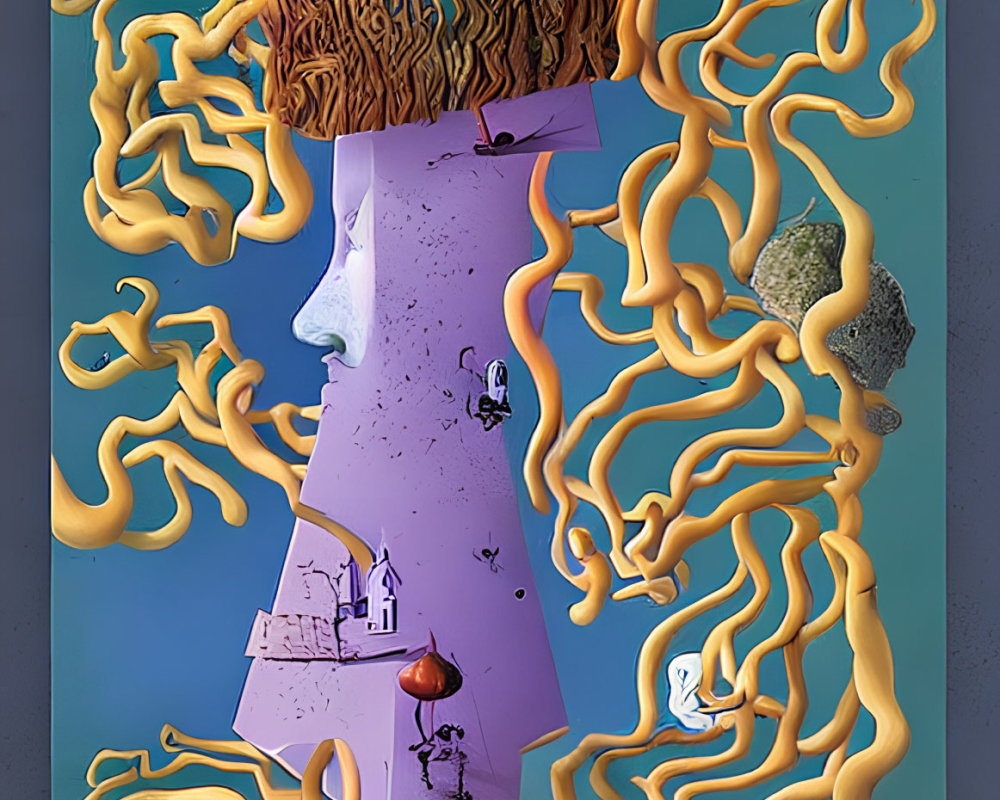 Surrealist artwork: Face profile with noodle-like hair and whimsical structures on blue gradient.