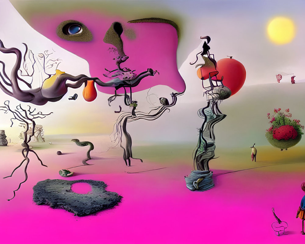 Abstract surreal landscape with distorted figures and large face in pink sky