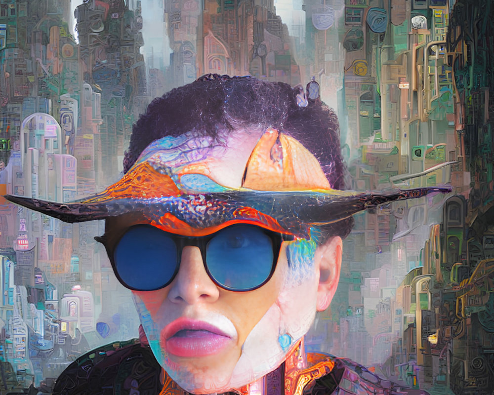 Vibrant digital portrait with blue sunglasses and eclectic attire in futuristic cityscape