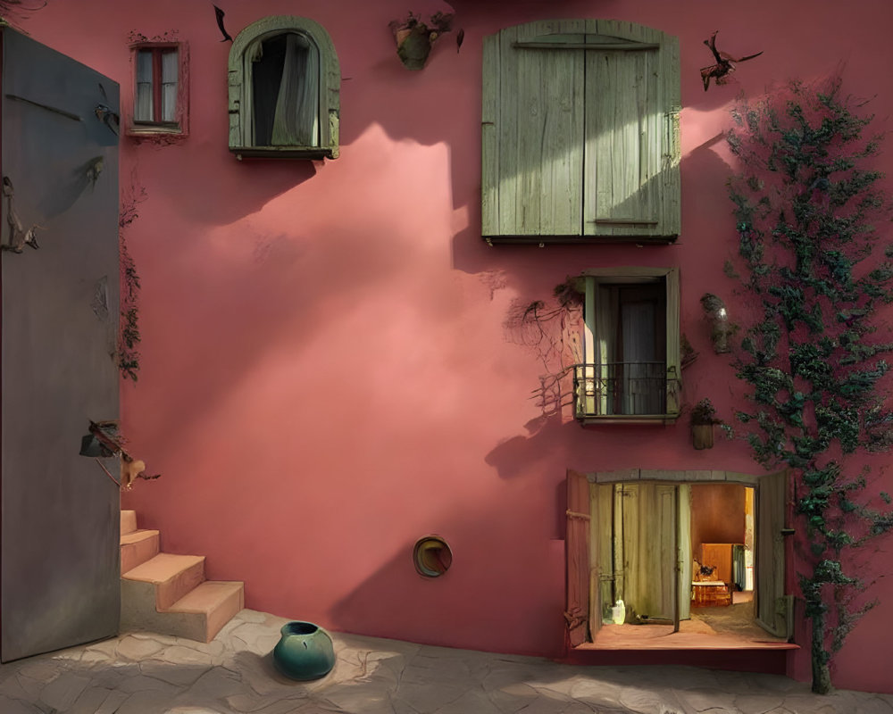 Pink facade with green shutters, ivy, flying keys, cozy interior glimpsed through open door