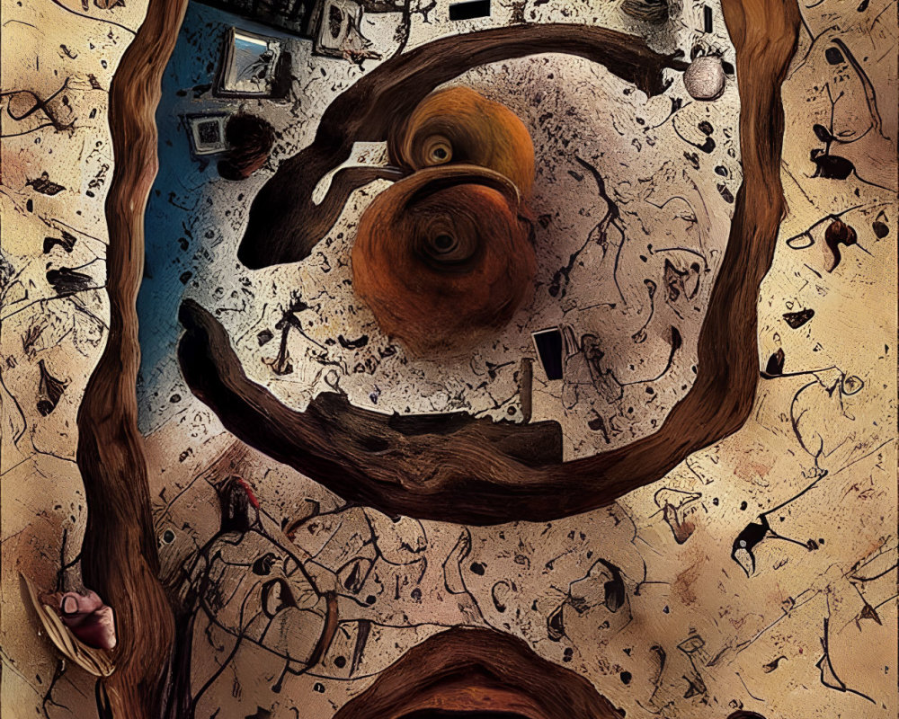 Surreal artwork: person gazes at spiral abyss, surrounded by floating objects and symbols