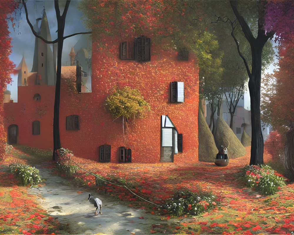 Colorful autumn scene with red ivy building, cat, fallen leaves, and distant castle.
