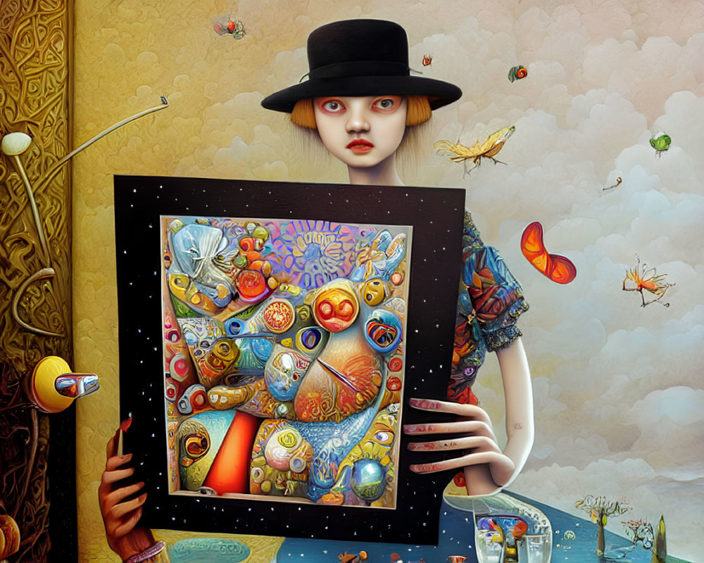 Colorful abstract painting held by figure in black hat with flying insects