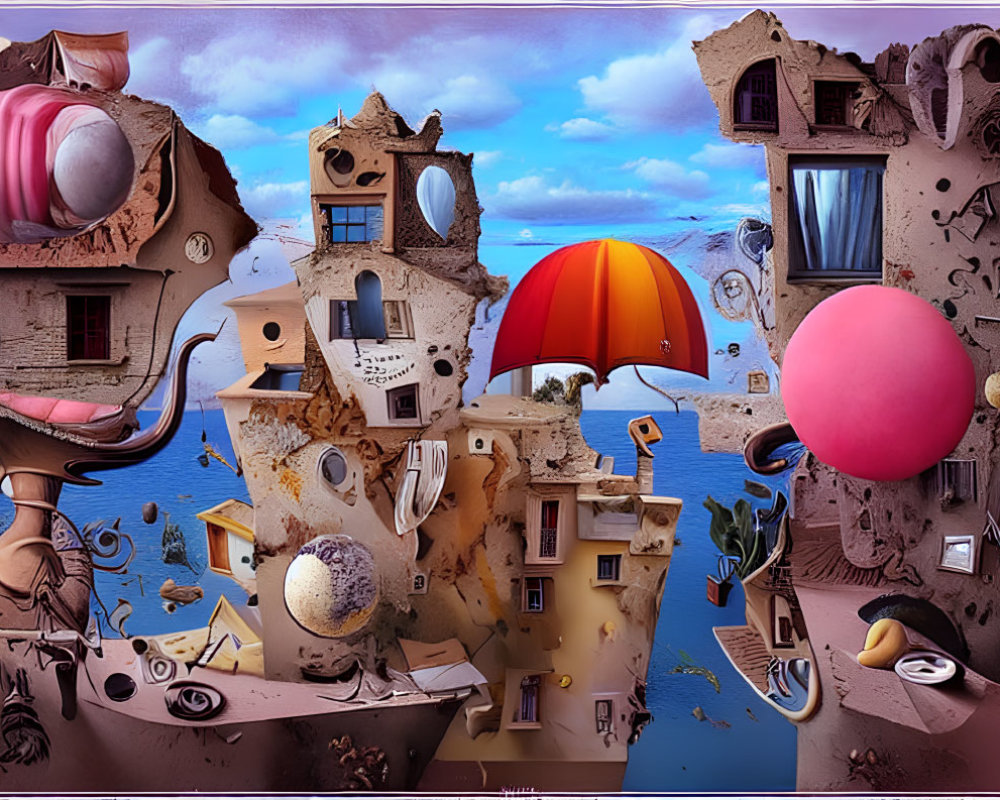 Colorful Surrealistic Landscape with Floating Architectural Elements