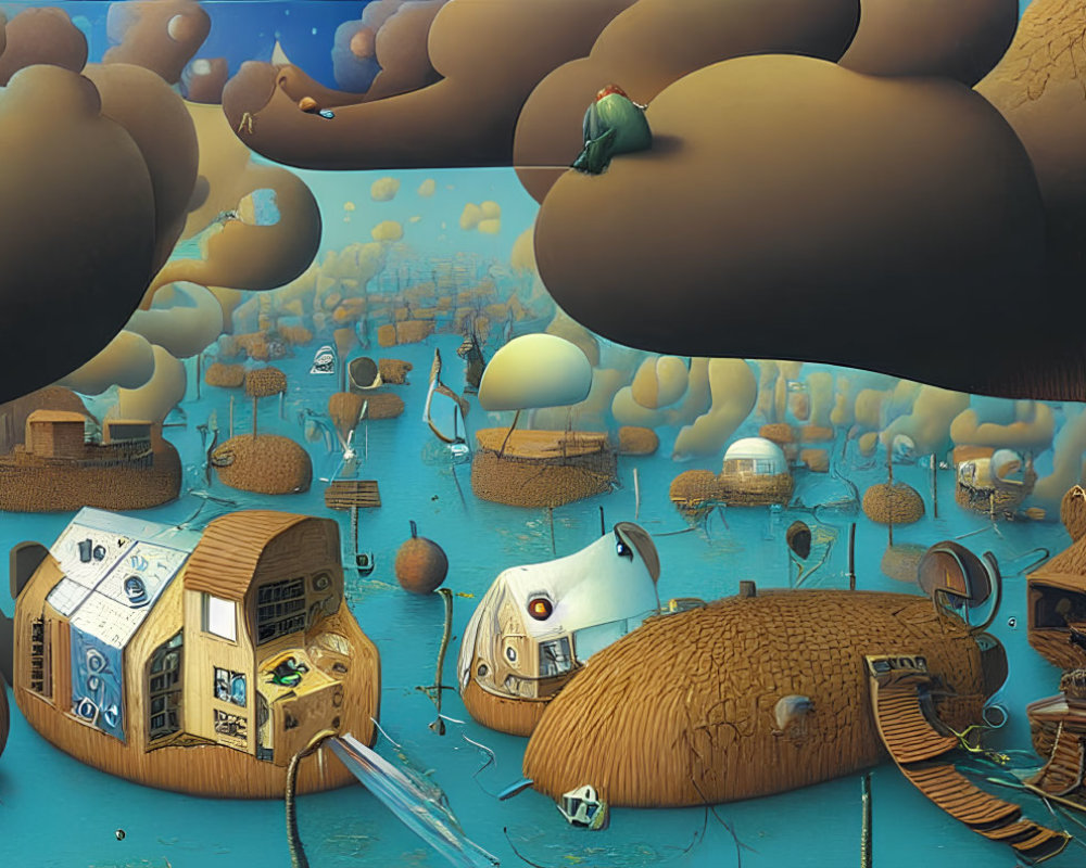 Surreal mushroom-shaped houses in hazy blue landscape