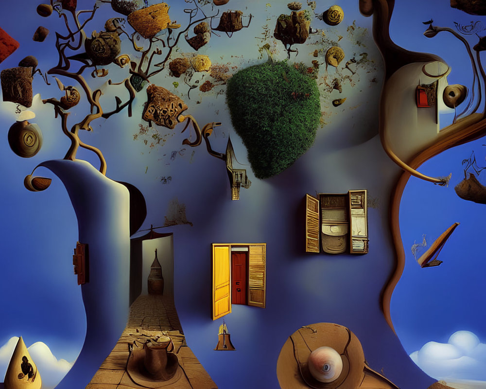 Surreal floating objects: tree, doors, furniture on blue sky.