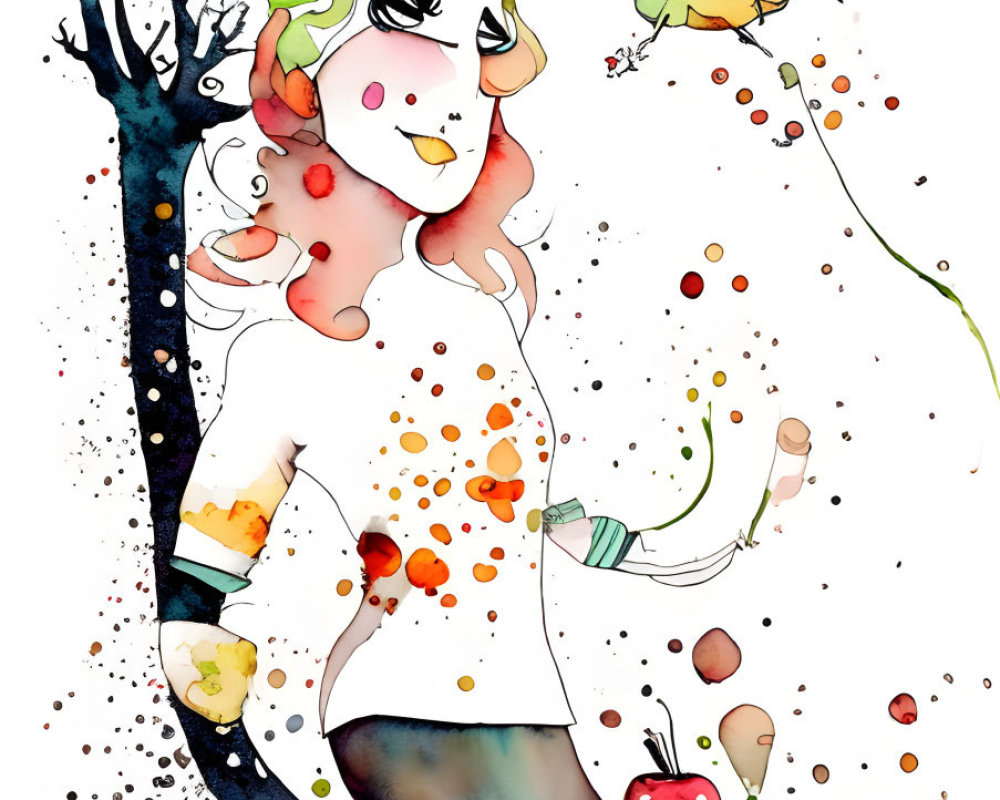 Colorful watercolor illustration: Woman with tree-like hair and bird in whimsical scene