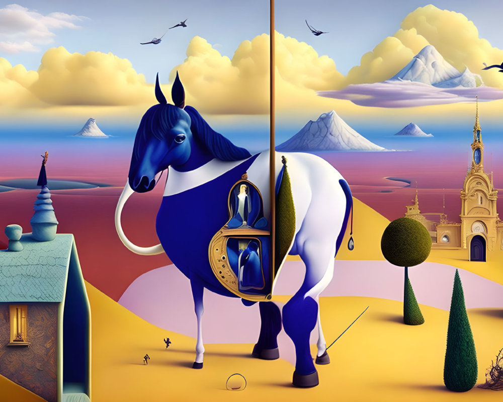Surreal landscape featuring blue horse with lantern amidst whimsical structures