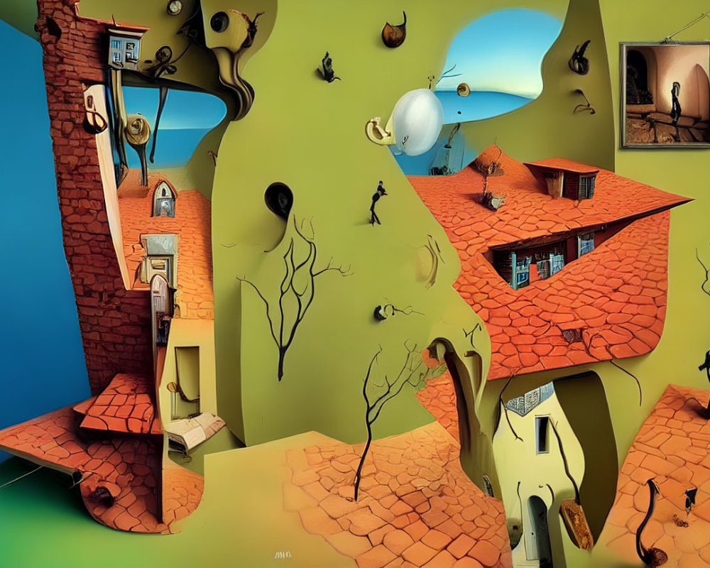 Surrealistic painting of distorted brick buildings and twisty trees on ochre terrain