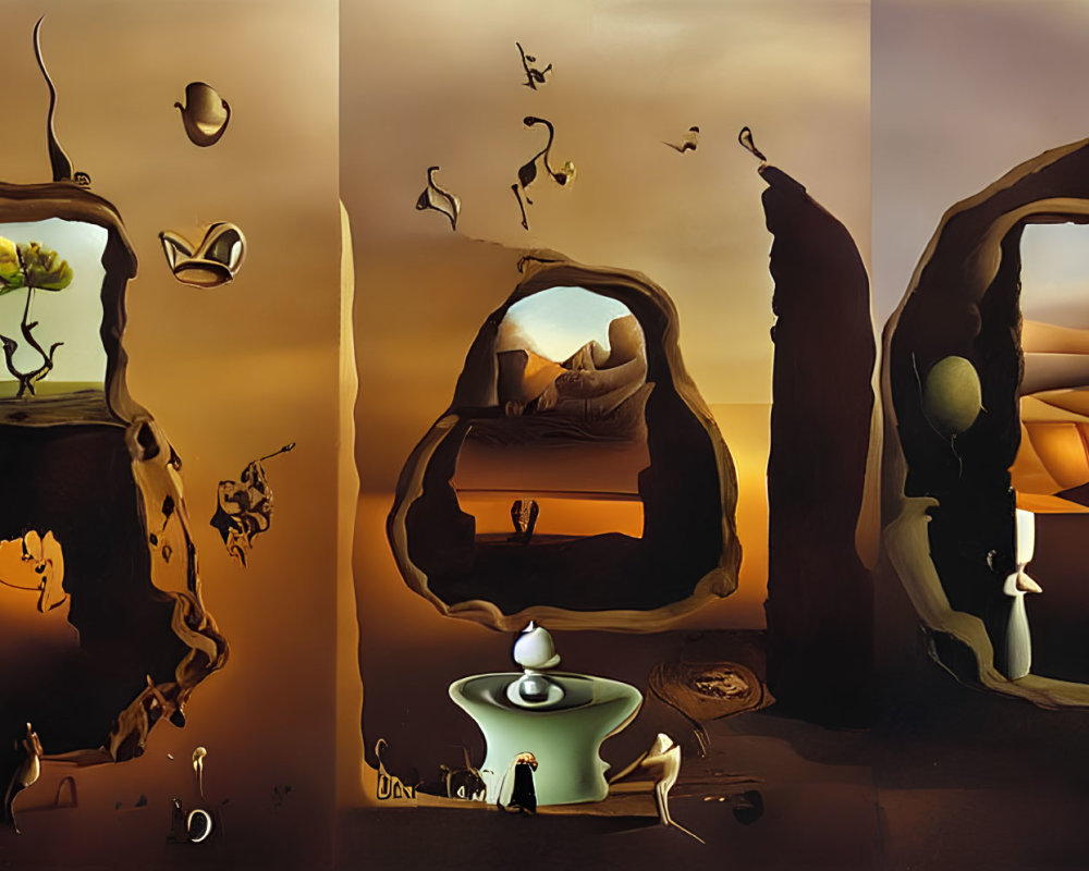 Surreal Triptych: Anthropomorphic Figures, Floating Elements, Melting Landscapes