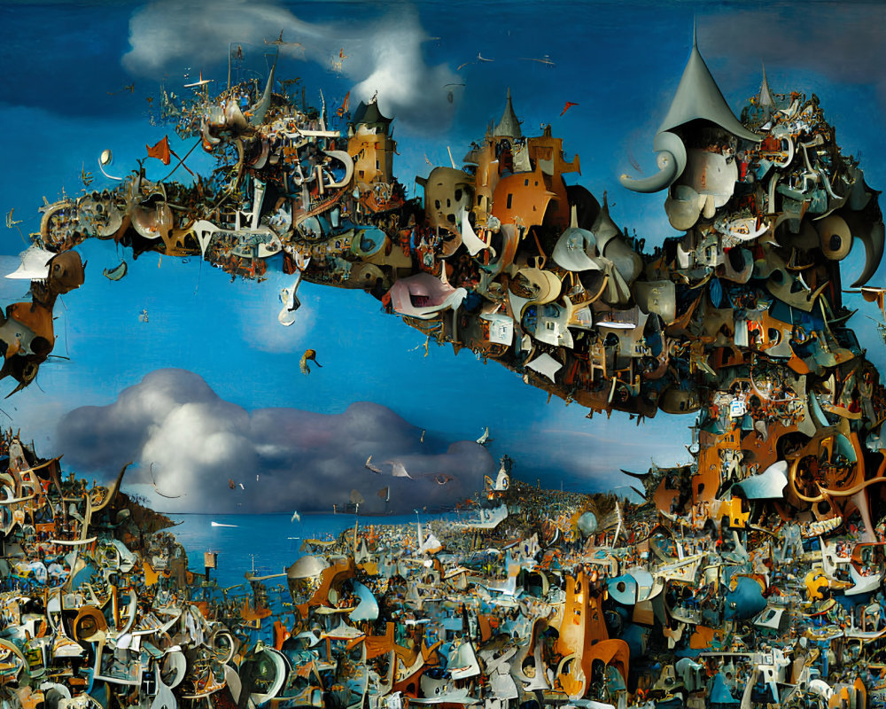 Whimsical surreal panorama with floating structures and animals