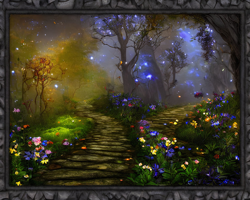 Enchanted forest path with glowing flowers, lanterns, colorful flora, and ethereal orbs under