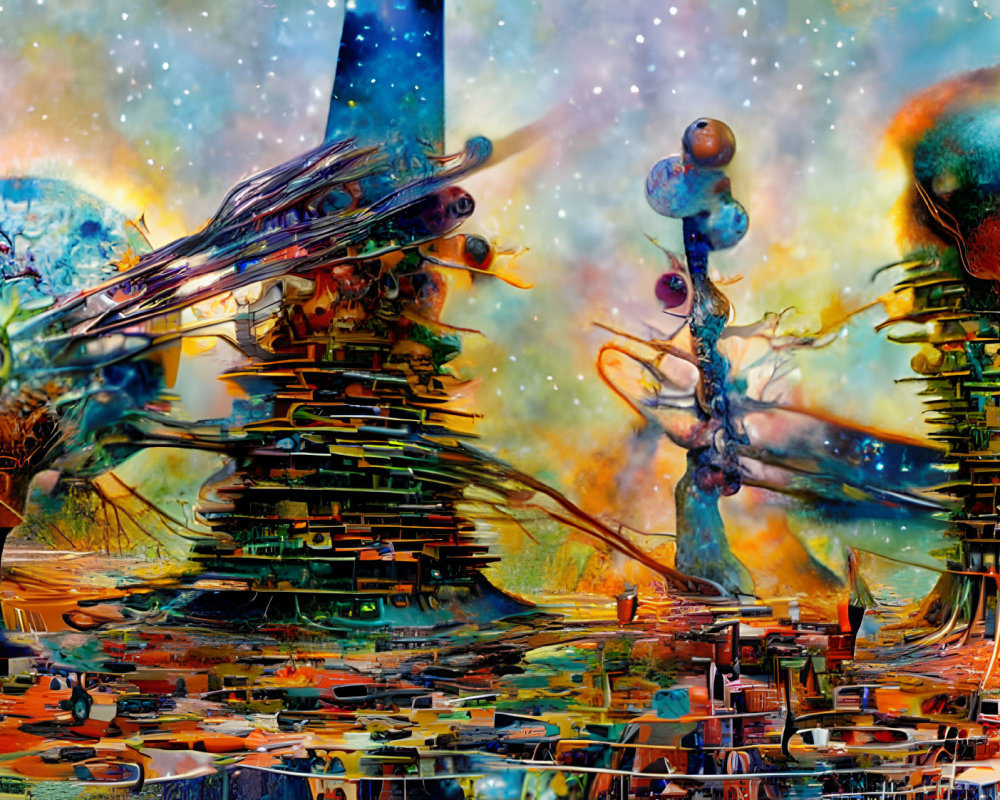 Futuristic sci-fi landscape with vibrant colors and surreal designs