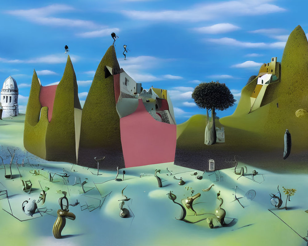 Surreal landscape featuring biomorphic shapes and whimsical structures
