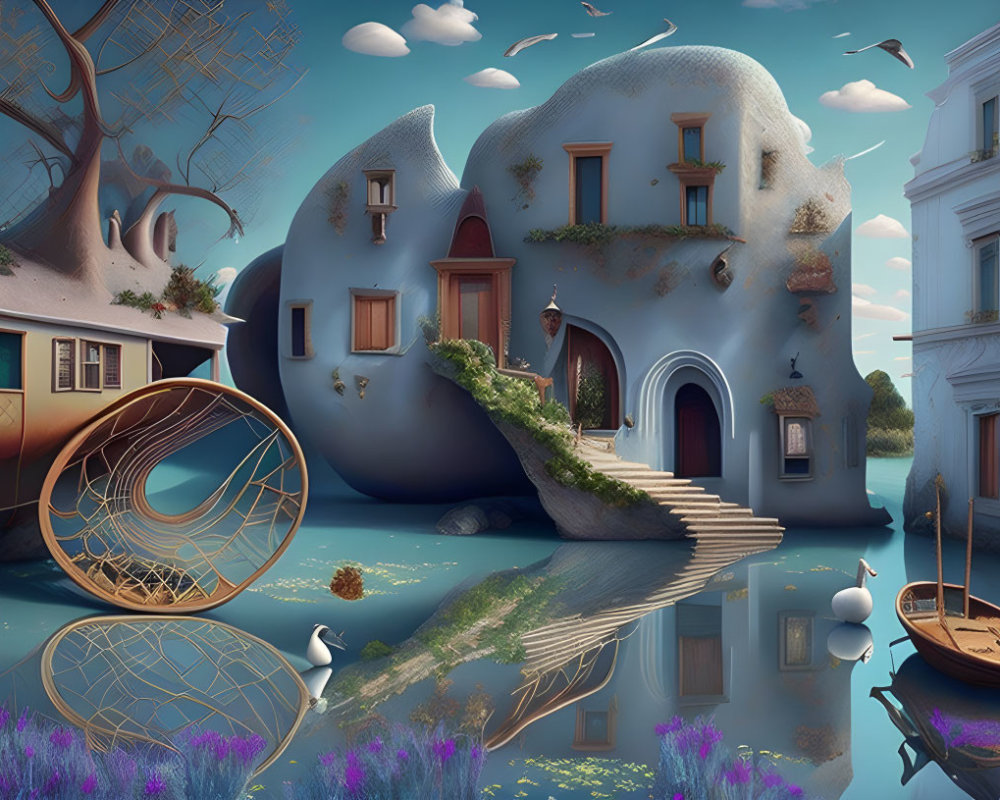 Surreal landscape with houseboat, organic building, and flying birds