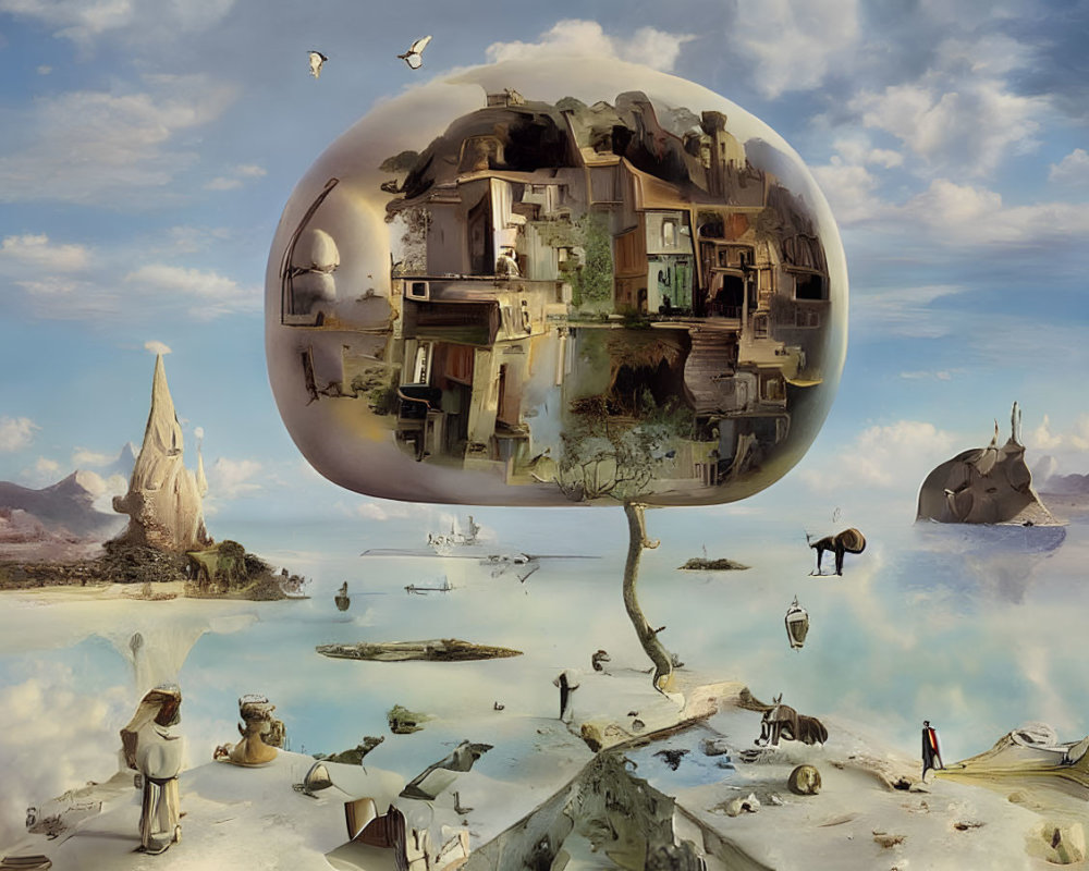Surreal landscape with floating sphere, architecture, water, rocks, and figures