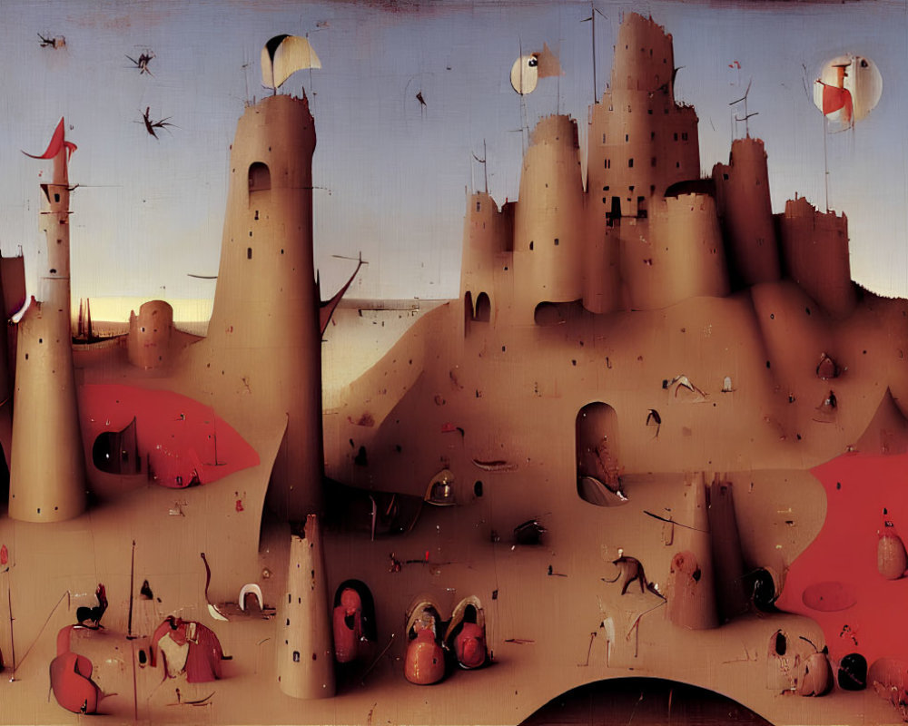 Distorted castles in surrealistic reddish landscape with whimsical creatures