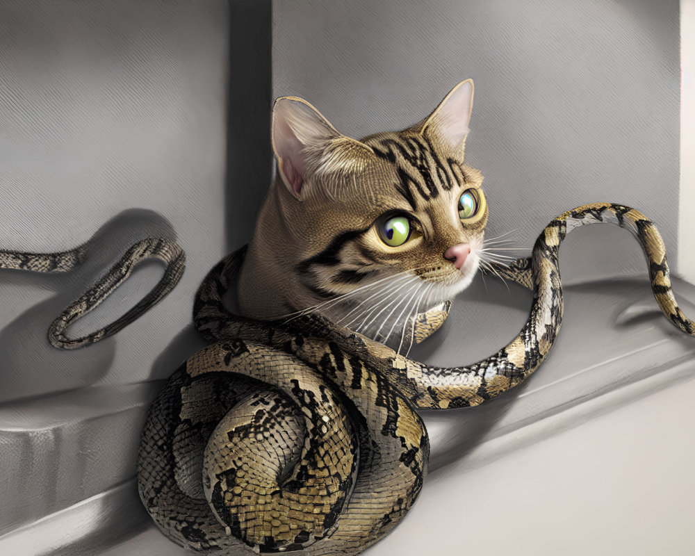 Surreal cat with snake body on windowsill, green eyes and striped fur