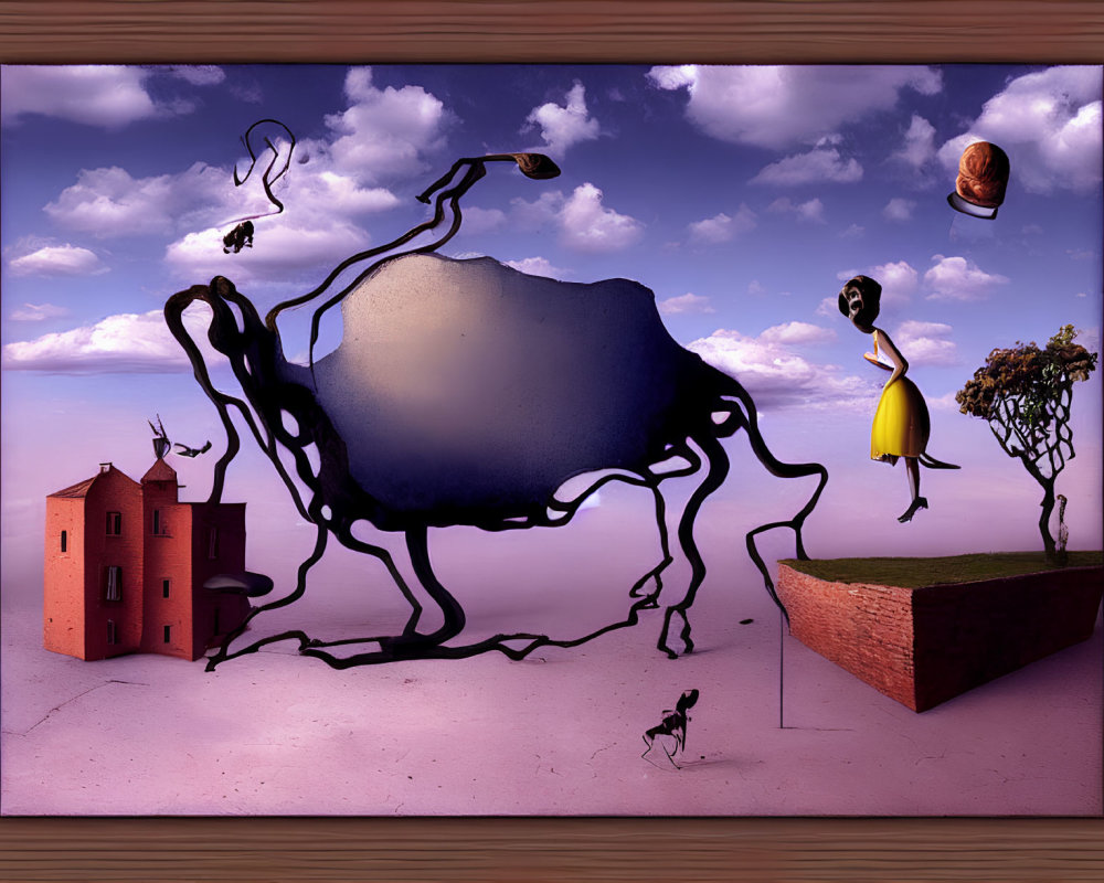 Surreal painting with silhouette creature, floating objects, woman in yellow skirt