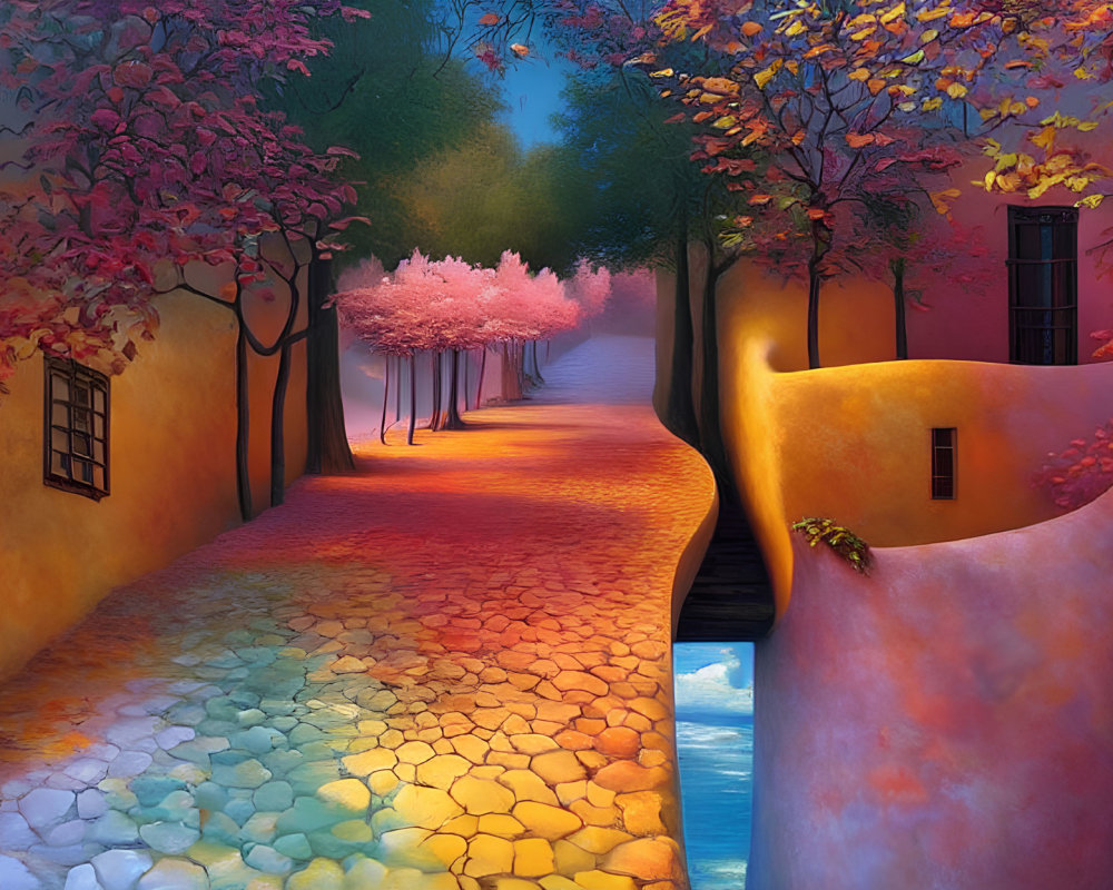 Vibrant autumn painting of cobblestone path in whimsical village