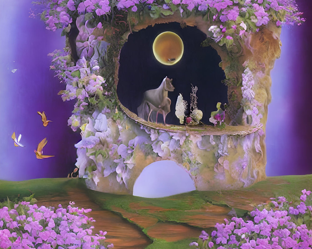 Moonlit Fantasy Landscape with Wolf, Archway, Butterflies, and Flowers