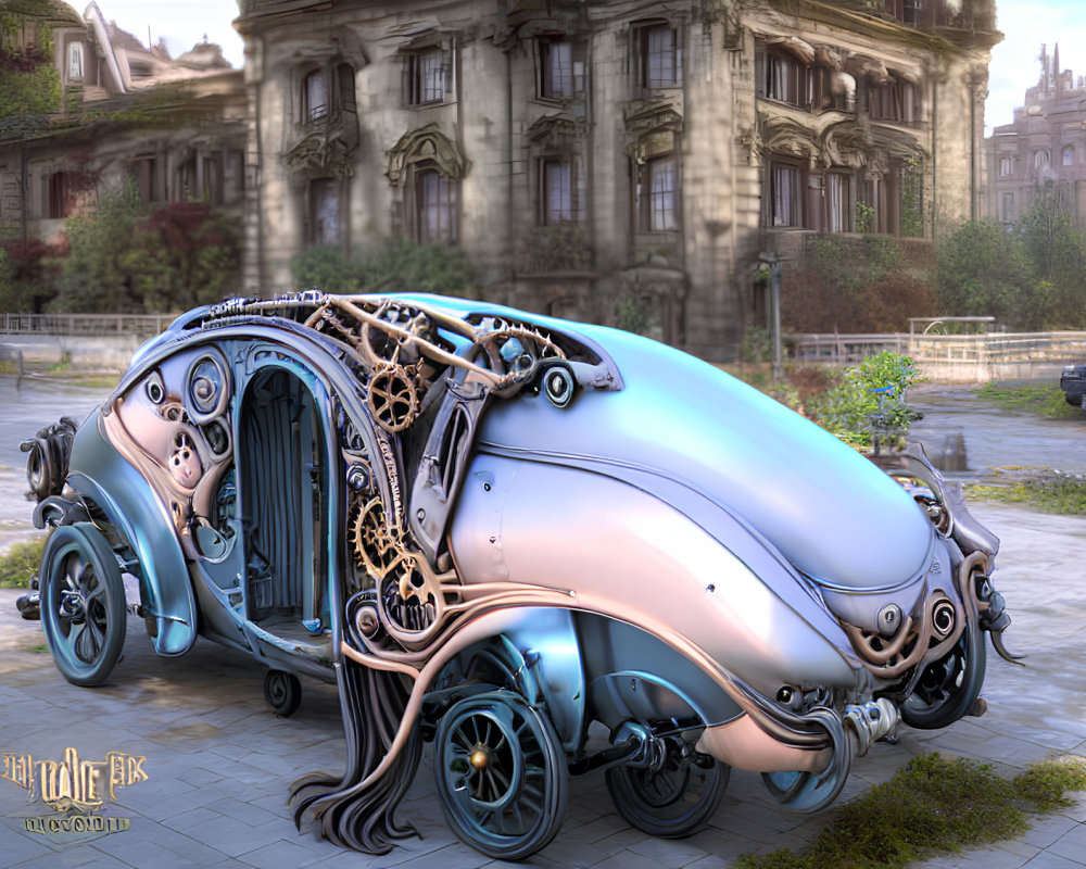 Steampunk-inspired car with ornate metalwork and cog details parked by European-style building