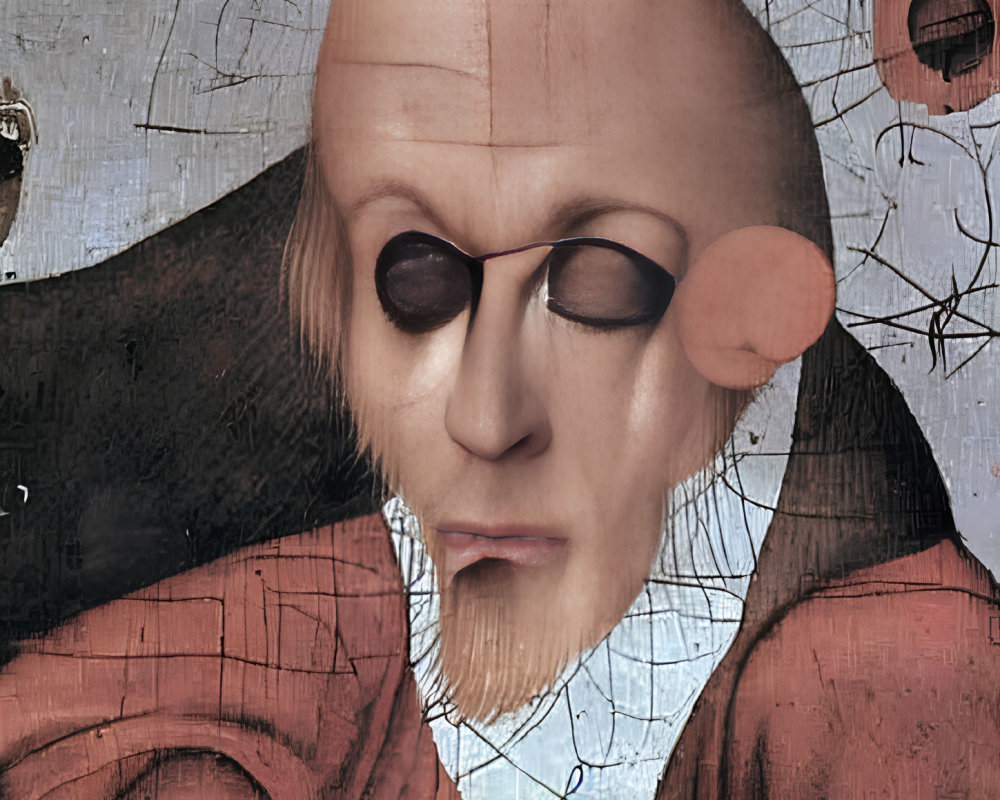 Detailed Close-Up of Classical Painting with Bald Figure, Eye Patch, Protruding Ear, and Surre