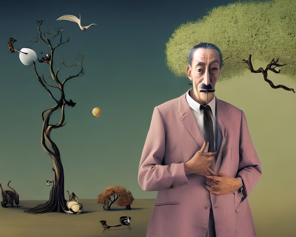 Colorful surreal illustration: man in pink suit, whimsical animals, levitating tree, gradient sky