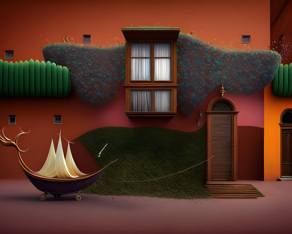 Floating house, umbrella boat, whimsical doors on grass-covered wings and terra-cotta backdrop