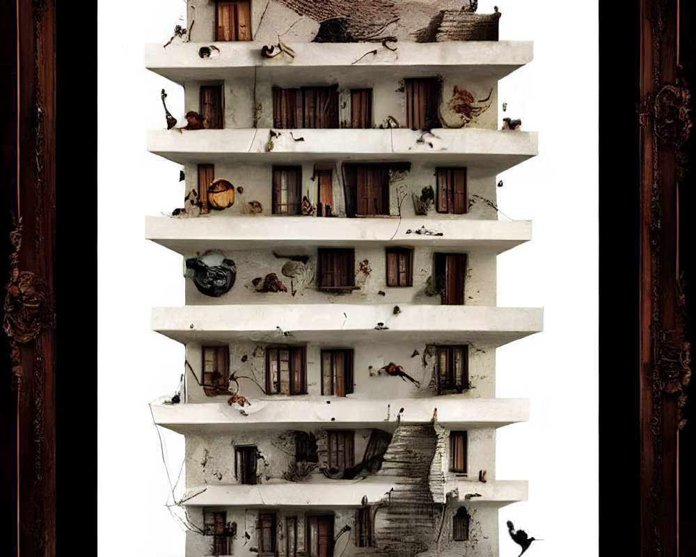 Whimsical layered building with surreal elements and animals in ornate frame