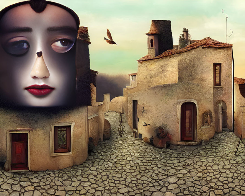Giant face blends into surreal village landscape