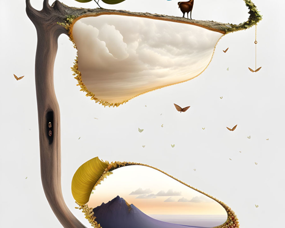 Surreal tree illustration with multiple landscapes inside