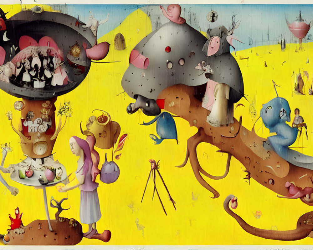 Surrealist artwork: Two girls at tea party with whimsical creatures in dream-like yellow landscape