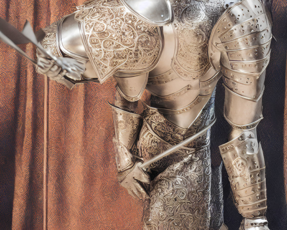 Knight in Engraved Armor with Lance on Red Background