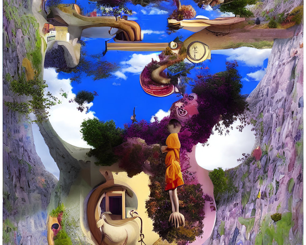 Circular surreal composition with orange figure in fantastical environment blending water bodies, flora, and whimsical architecture