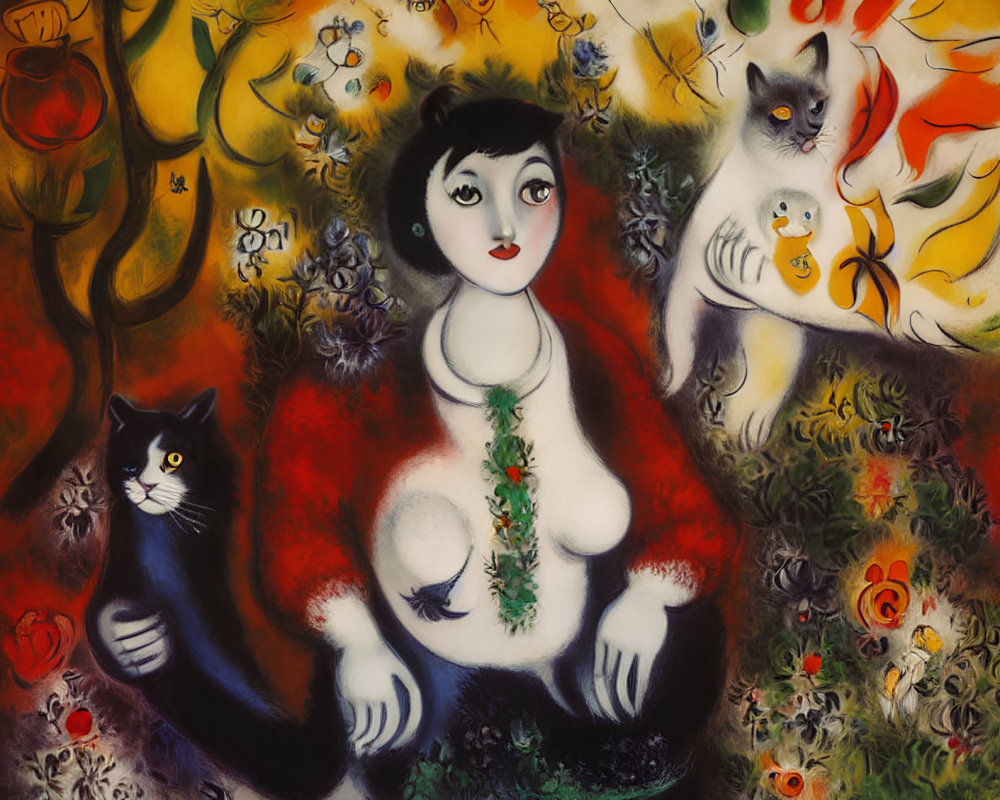 Colorful painting of woman with red shawl, cats, and surreal landscape.