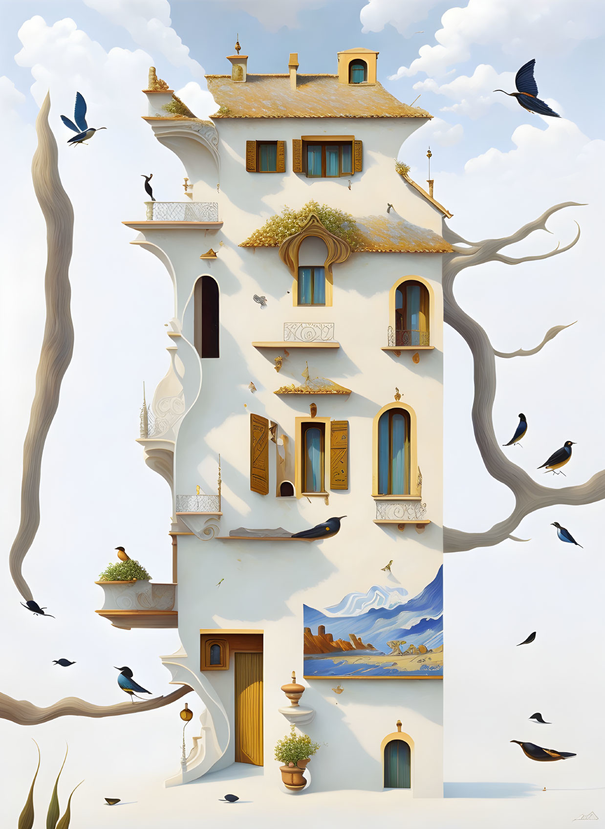 Illustration of tall, slender house with branches and birds against cloudy sky