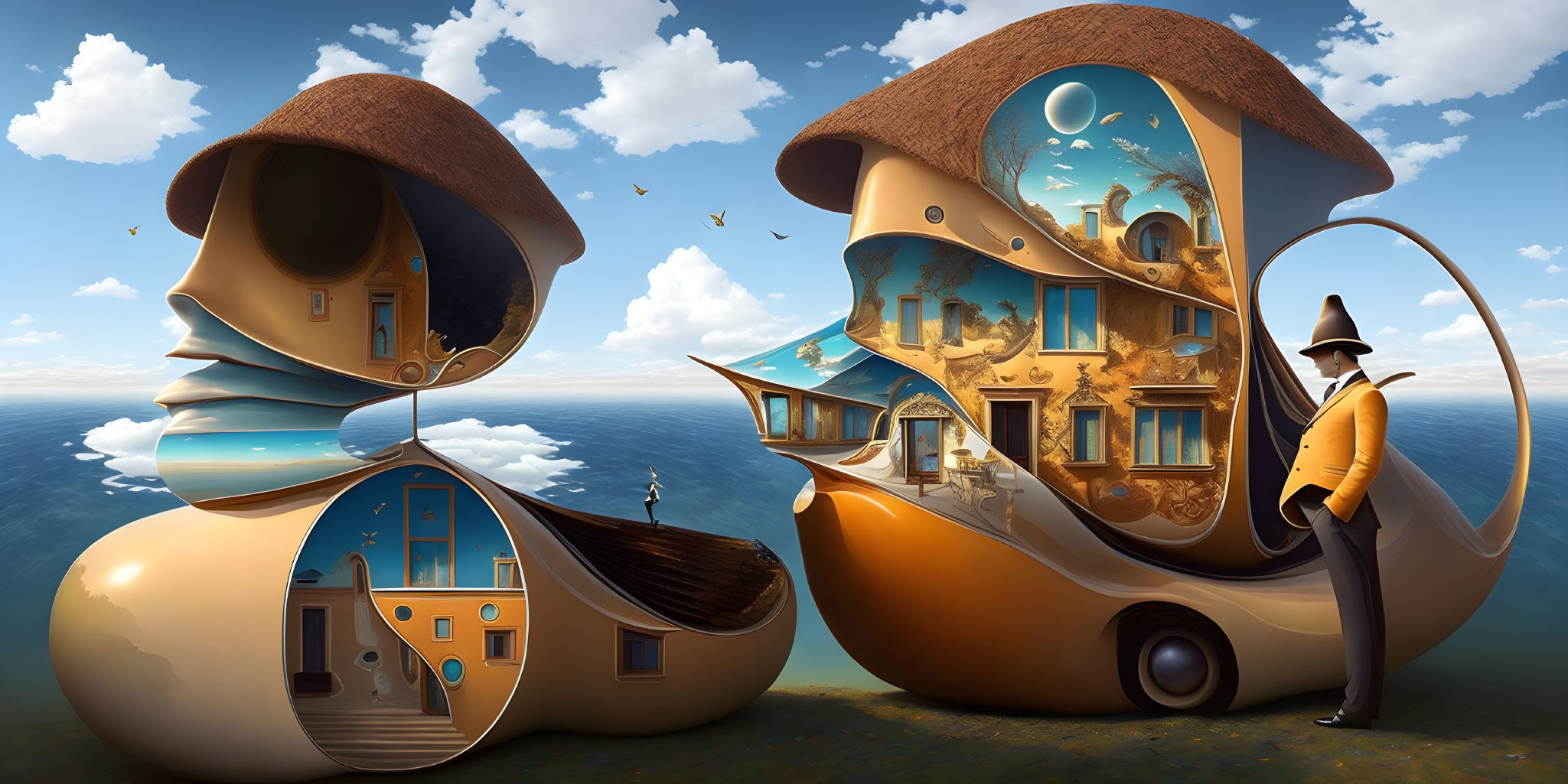 Surreal artwork: man in top hat, whimsical snail-shaped houses on calm sea under