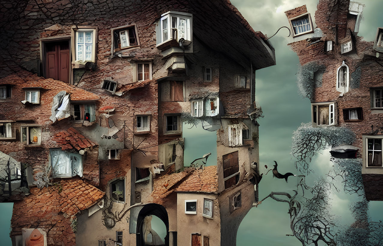 Clustered Gravity-Defying Houses in Surreal Setting