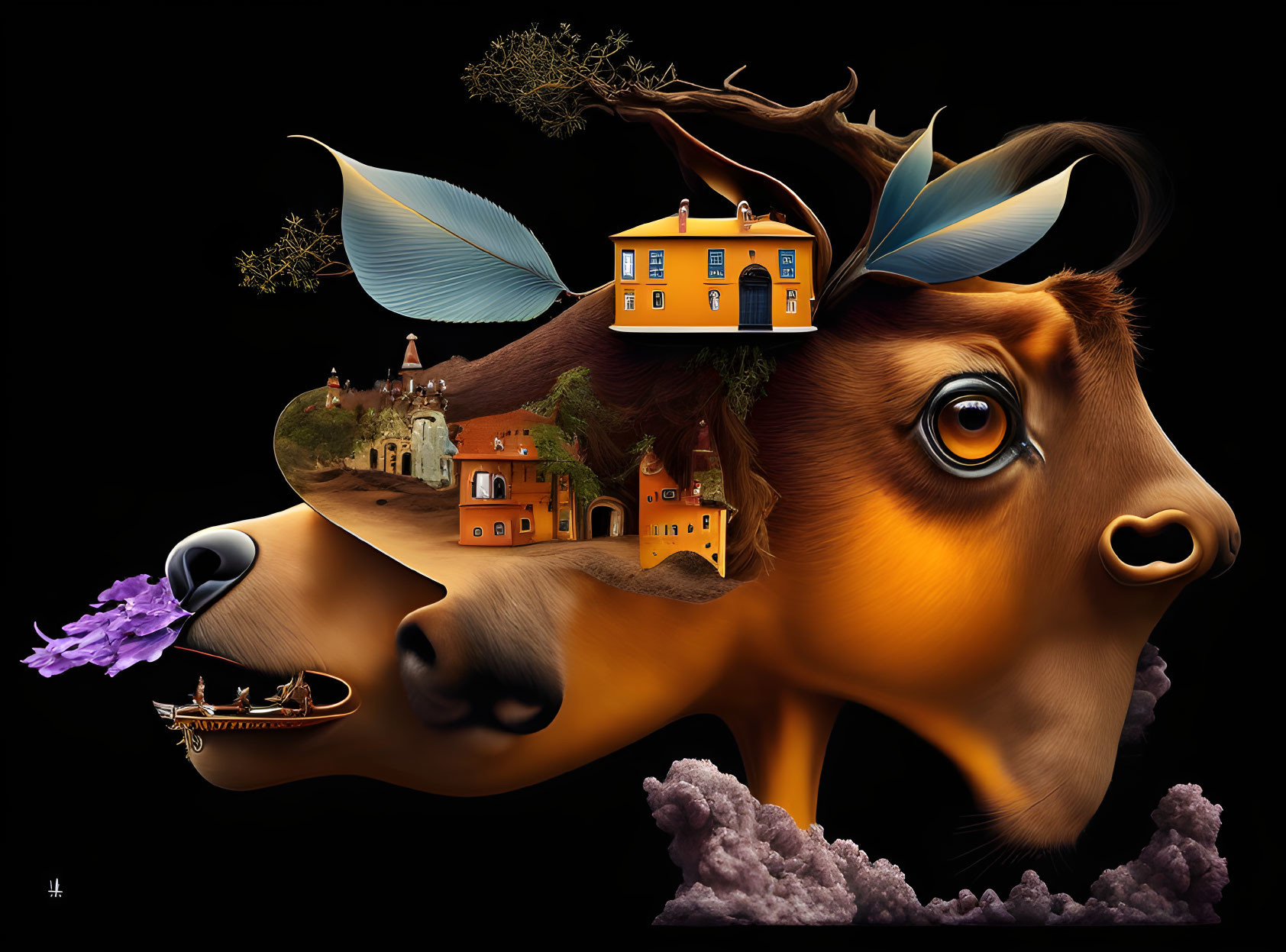 Surrealist artwork: cow with landscape elements on head, house, trees, feathers, boat on