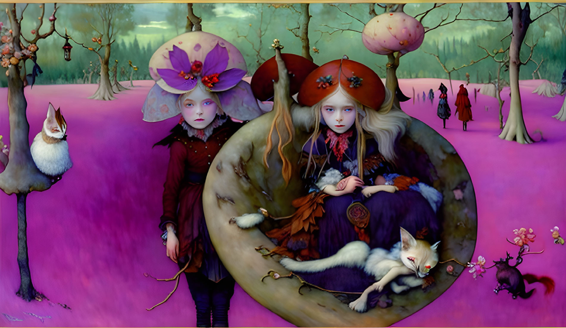 Surreal Artwork: Two Pale Girls with Mushroom Hats in Purple Landscape