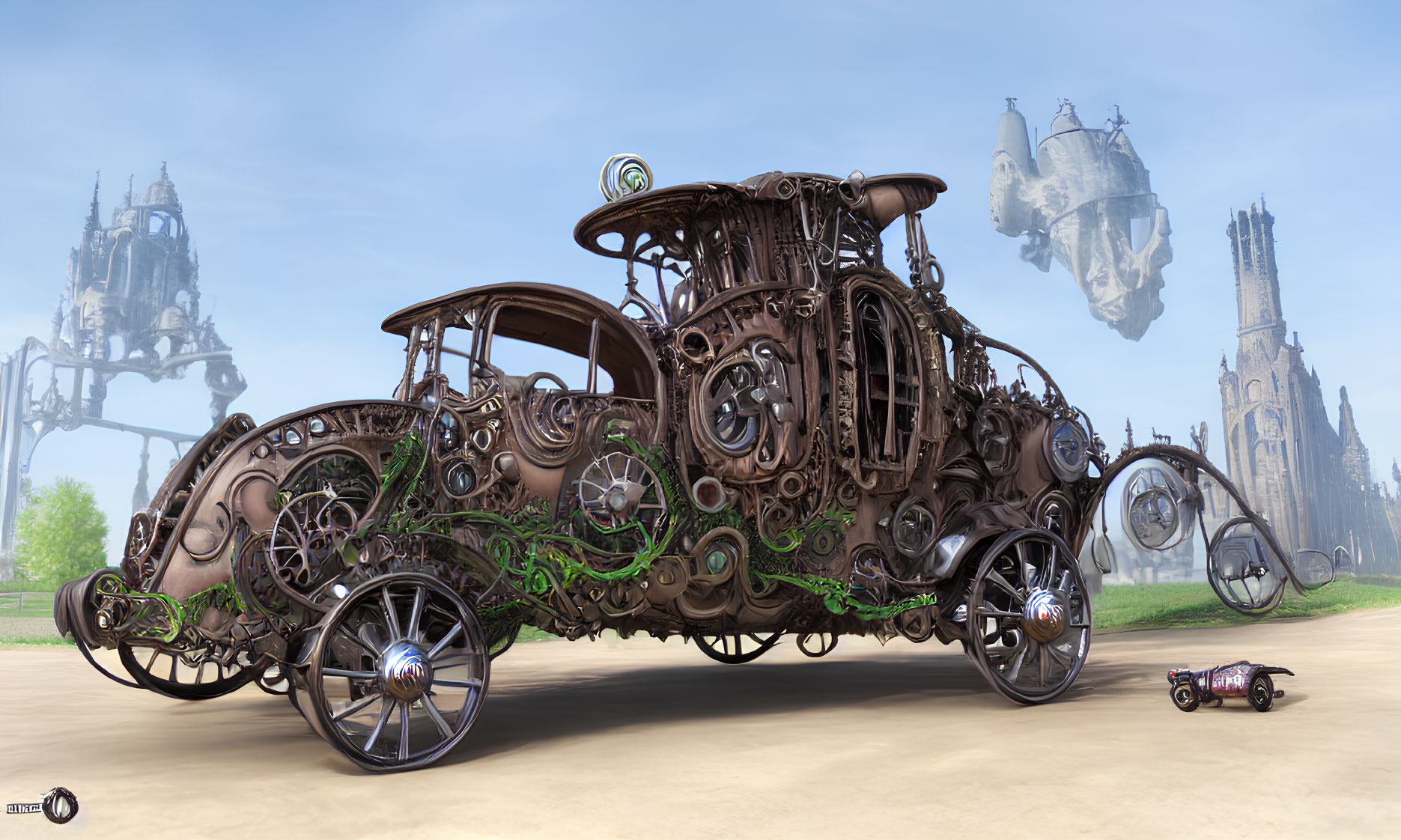 Steampunk-style vehicle with intricate gears and mechanical parts amid flying airships