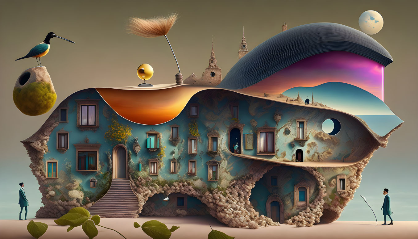 Surreal landscape with whimsical building and silhouetted figures