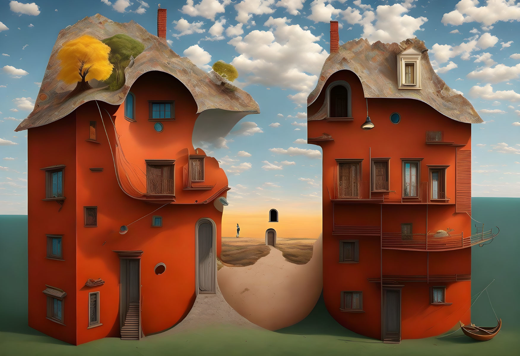 Whimsical orange buildings with eyes and mouths on sand hills under blue sky